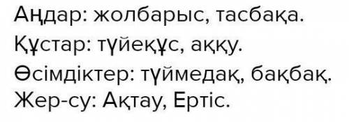 • Қорғауға алынған тағы қанда 76. Коп нүктенің орнына күрделі1. Аңдар: ..., ...2. Құстар:3. Өсімдікт