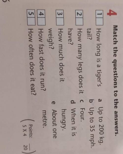 4 Match the questions to the answers.12hungry3How long is a tiger's a Up to 200 kg.tail?b Up to 35 m