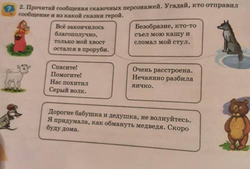 Прочитай сообщения сказочных персонажей.угадай,кто отправил сообщение и из какой сказки герой 2 клас