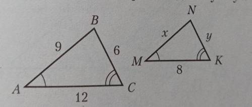 2. В треугольниках ABC и MNK (рис. 2) ZA= ZM, 2C = ZK. По указанным размерам сторон найдите сумму x+