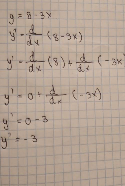Знайдіть похідну функцію y= 8-3x, але з розвяком, і з фотомесу мені не потрібний розвязок