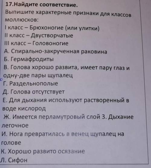 Найдите соответствие. Выпишите характерные признаки для классовмоллюсков:І класс — Брюхоногие (или у