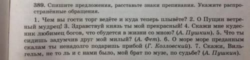 389. Спишите предложения, расставьте знаки препинания. Укажите распро странённые обращения. 1. Чем в