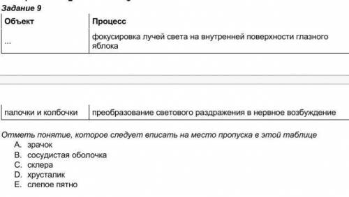 Задание 9 Объект Процесс... фокусировка лучей света на внутренней поверхности глазного яблокапалочки