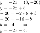 y=-2x\ \ \ \ (8;-20)\\y=-2x+b\\-20=-2*8+b\\-20=-16+b\\b=-4.\ \ \ \ \Rightarrow\\y=-2x-4.