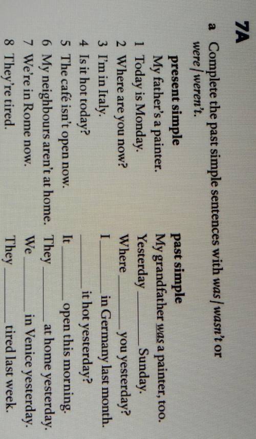 7А a Complete the past simple sentences with was / wasn't orwere/ weren't.present simplepast simpleM