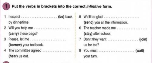 Put the verbs in brackets into the correct infinitive form. 1 l expect. (be) back 5 We'll by dinnert