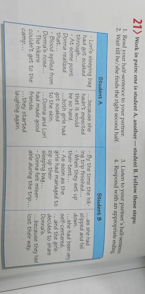 21) Work in pairs: one is student A, another student B. Follow these steps: 1. Read your half-senten