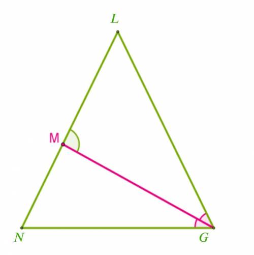 В равнобедренном треугольнике NLG проведена биссектриса GM угла G у основания NG, ∡ GML = 126°. Опре