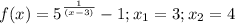 f(x)=5^{\frac{1}{(x-3)} } -1; x_1=3 ; x_2=4