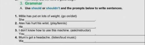 1. Millie has put on lots of weight. (go on/diet) She 2. Alex has hurt his wrist. (play/tennis) He 3