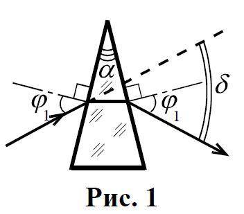 Оптика. На призму с преломляющим углом α под углом φ₁ падает луч света (рис. 1). Из призмы этот луч