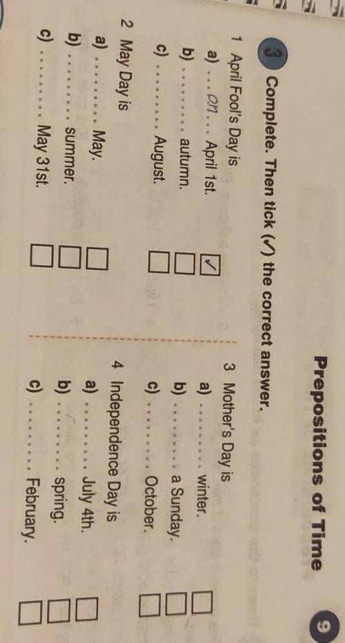 Prepositions of Time Complete. Then tick (/) the correct answer.1 April Fool's Day isa)-01... April