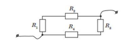 Чотири опори R1= 2 Oм , R2= 3 Oм , R3= 4 Oм , R4= 5 Oм з’єднані за схемою, що зображена на рисунку.