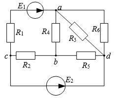 E1,B = 10 E2,B = 50 J,A = 4 R1,Ом = 6 R2,Ом = 7 R3,Ом = 8 R4,Ом = 6 R5,Ом = 3 R6,Ом = 5 1. Определи