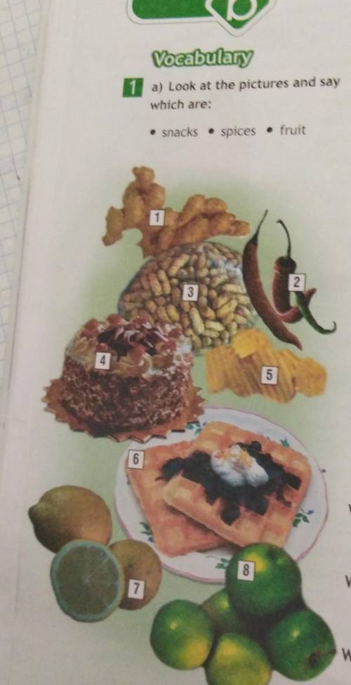 1 a) Look at the pictures and saywhich are:• snacks • spices• fruit ​