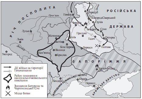 Діяльність якого гетьмана можна характеризувати, спираючись на подану карту? Які події відображає ма