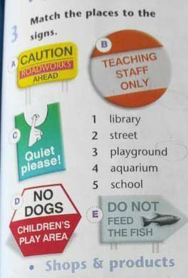 Match the places to the signs. TEACHING STAFF ONLY ACAUTION OADWORKS AHEAD 1 library 2 street Quiet