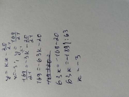 график функции y=kx -20/21 проходит через точку (-3;169/21) НАЙДИТЕ КОЭФФИЦИЕНТ К