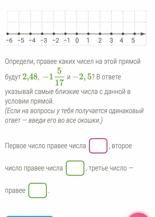 Определи, правее каких чисел на этой прямой будут 2,48,  −1517 и −2,5? В ответе указывай самые близк