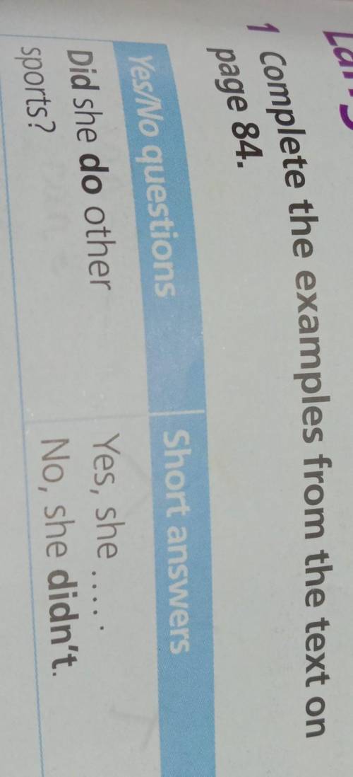 1 Complete the examples from the text on page 84.Yes/No questionsShort answersDid she do othersports