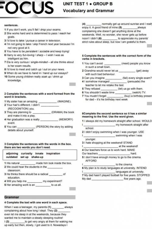 Focus 4 unit test 1 group b vocabulary and grammar Help please ​