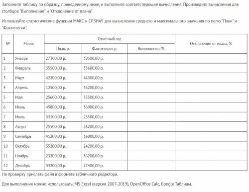 Заполните таблицу по образцу, приведенному ниже, и выполните соответствующие вычисления. Произведите