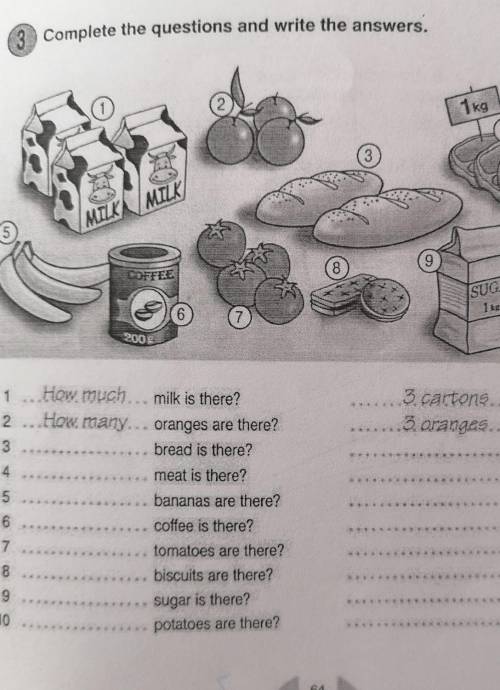 3. Complete the questions and write the answers. 21kg43MILK MILK51098TEESUGAR67200913. cartons3. ora