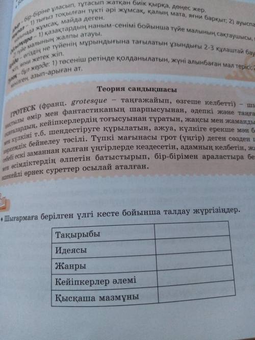 Шығармаға берілген үлгі кесте бойынша талдау жүргізіңдер Қазақ ә. 8 сынып