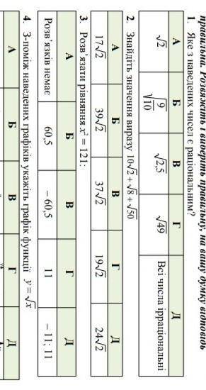 Квадратні корені. Дійсні числа Контрольна робота Варiант 1 Завдання 1-4 мають по 5 варіaнтів відпові