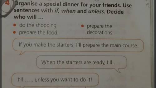 Organise a special dinner for your friends. Use sentences with if, when and unless. Decide who will