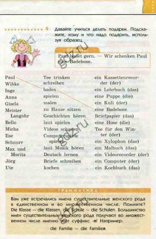 Давайте учиться делать подарки. Подскажите кому и что надо дарить используя образец​. Немецкий