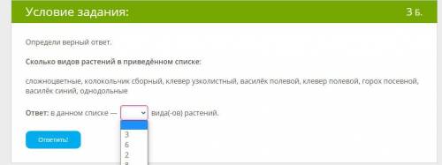 Сколько видов растений в приведённом списке: сложноцветные, колокольчик сборный, клевер узколистный,
