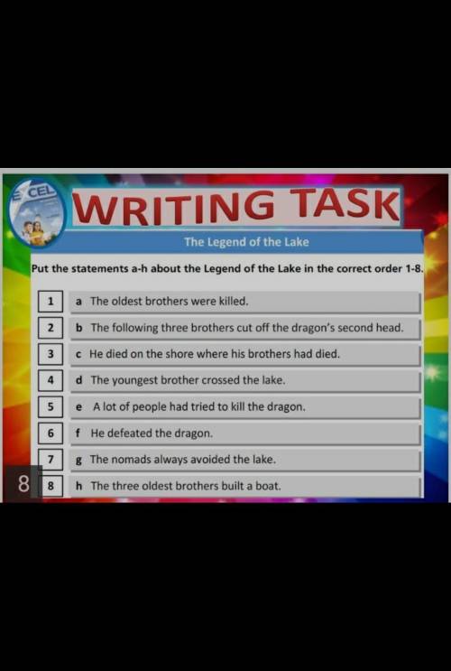 The Legend of the Lake Put the statements a-h about the Legend of the Lake in the correct order 1-8.