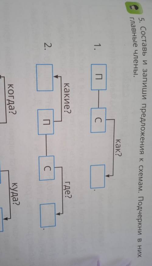 5. Составь и запиши предложения к схемам. Подчеркни в них Главные члены.как?1.ПС Cкакие?Где?2.С CКог