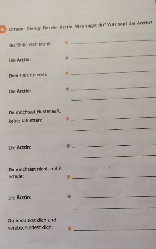 16 Offener Dialog: Bei der Ärztin. Was sagst du? Was sagt die Ärztin? Du fühlst dich krank:Die Ärzti