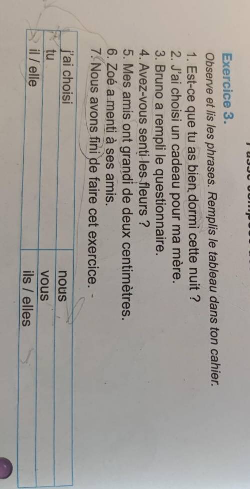 Exercice 3. Observe et lis les phrases. Remplis le tableau dans ton cahier.1. Est-ce que tu as bien