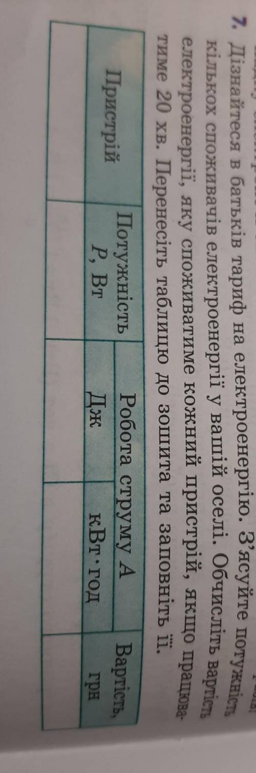 7. Дізнайтеся в батьків тариф на електроенергію. З'ясуйте потужність кількох споживачів електроенерг