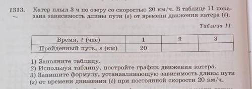 1313. Катер плыл 3 ч по озеру со скоростью 20 км/ч. В таблице 11 пока-зана зависимость длины пути (s