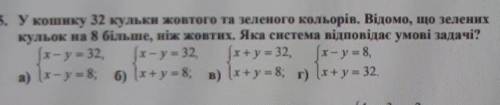 6. У кошику 32 кульки жовтого та зеленого кольорів. Відомо, що зелених кульок на 8 більше, ніж жовти