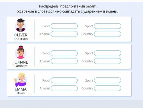 Распредели предпочтения ребят. Ударение в слове должно совпадать с ударением в имени. Где красное та