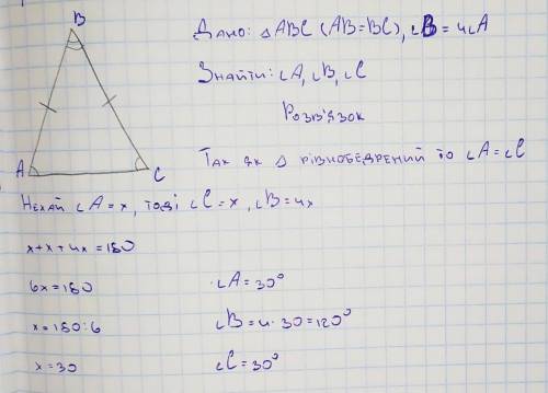 Знайдіть кути рівнобедреного трикутника, якщо кут при основі у 4 рази менший закут при вершині.​