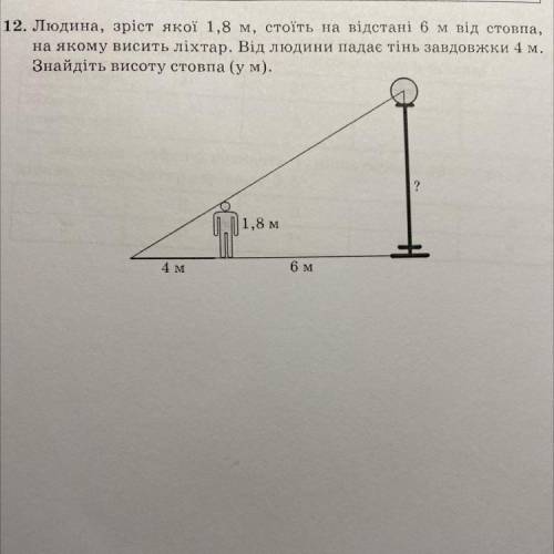 Людина, зріст якої 1,8 м, стоїть на відстані 6 м від стовпа, на якому висить ліхтар. Від людини пада