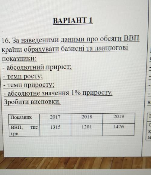 ВАРІАНТ 1 16. За наведеними даними про обсяги ВВПкраїни обрахувати базисні та ланцюговіПоказНИКИ:- а