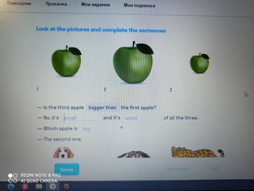 Look at the pictures and complete the sentence 1)- Is the third apple bigger than the first apple? -