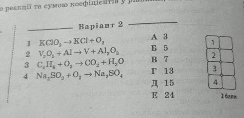 Установіть відповідність між схемою реакції та сумою коефіцієнтів у рівнянні яке відповідає ​