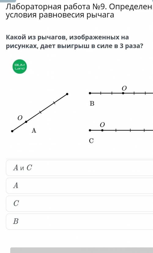Какой из рычагов, изображенных на рисунках, дает выигрыш в силе в 3 раза?BILIMLand+BAСАиСAСB​