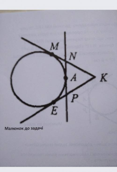 До кола проведено дотичні КМ і КЕ . Через точку А кола проведеноще одну дотичну так, що вона перетин