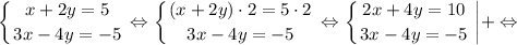 $ \displaystyle \left \{ {{x+2y=5} \atop {3x-4y=-5}} \right. \Leftrightarrow \left \{ {{(x+2y) \cdot 2=5 \cdot 2} \atop {3x-4y=-5}} \right. \Leftrightarrow \left \{ {{2x+4y=10} \atop {3x-4y=-5}} \right. \bigg |+ \Leftrightarrow $