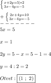 \left \{ {{x+2y=5}|*2 \atop {3x-4y=-5}} \right.\\\\+\left \{ {{2x+4y=10} \atop {3x-4y=-5}} \right.\\-------\\ 5x=5\\\\x=1\\\\2y=5-x=5-1=4\\\\y=4:2=2\\\\Otvet:\boxed{(1 \ ; \ 2)}